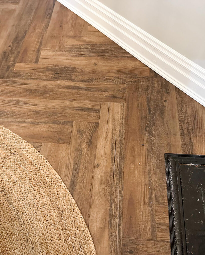 DIY Peel and stick herringbone flooring trim and moldings
