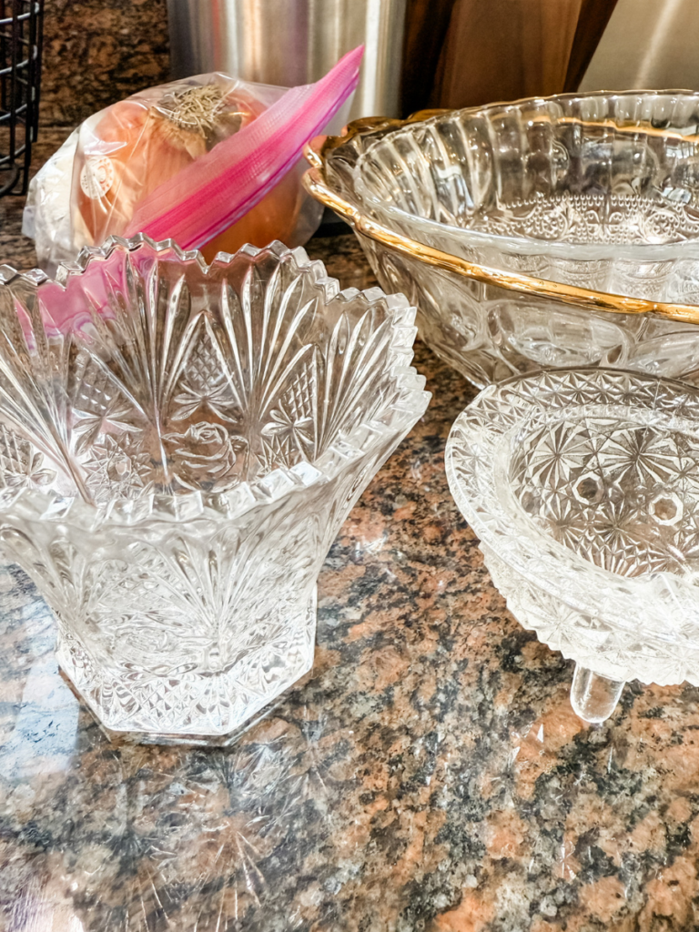 Crystal bowls cleaned and prepped for candle-making.