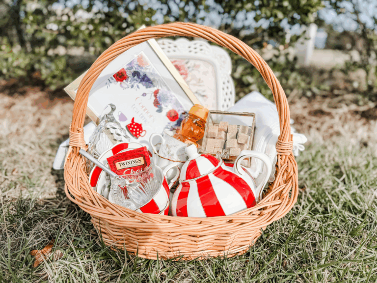 Beautiful tea-themed gift basket with a mix of new and thrifted items.