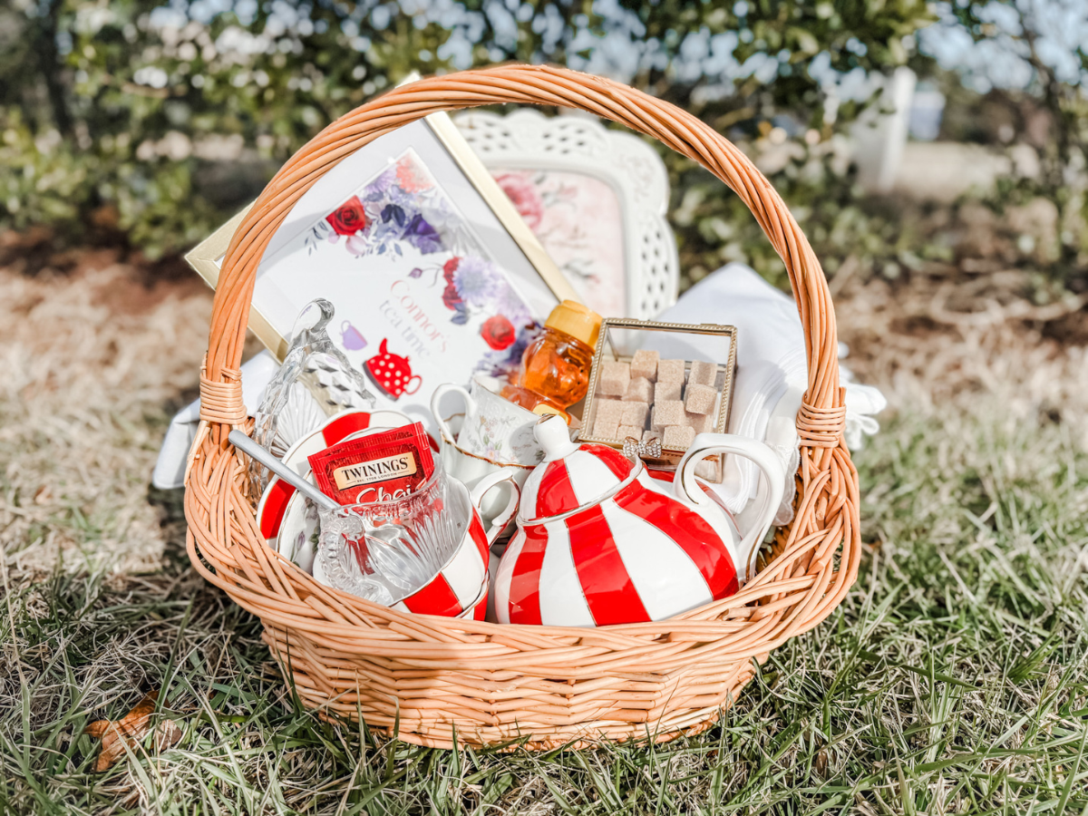 Beautiful tea-themed gift basket with a mix of new and thrifted items.